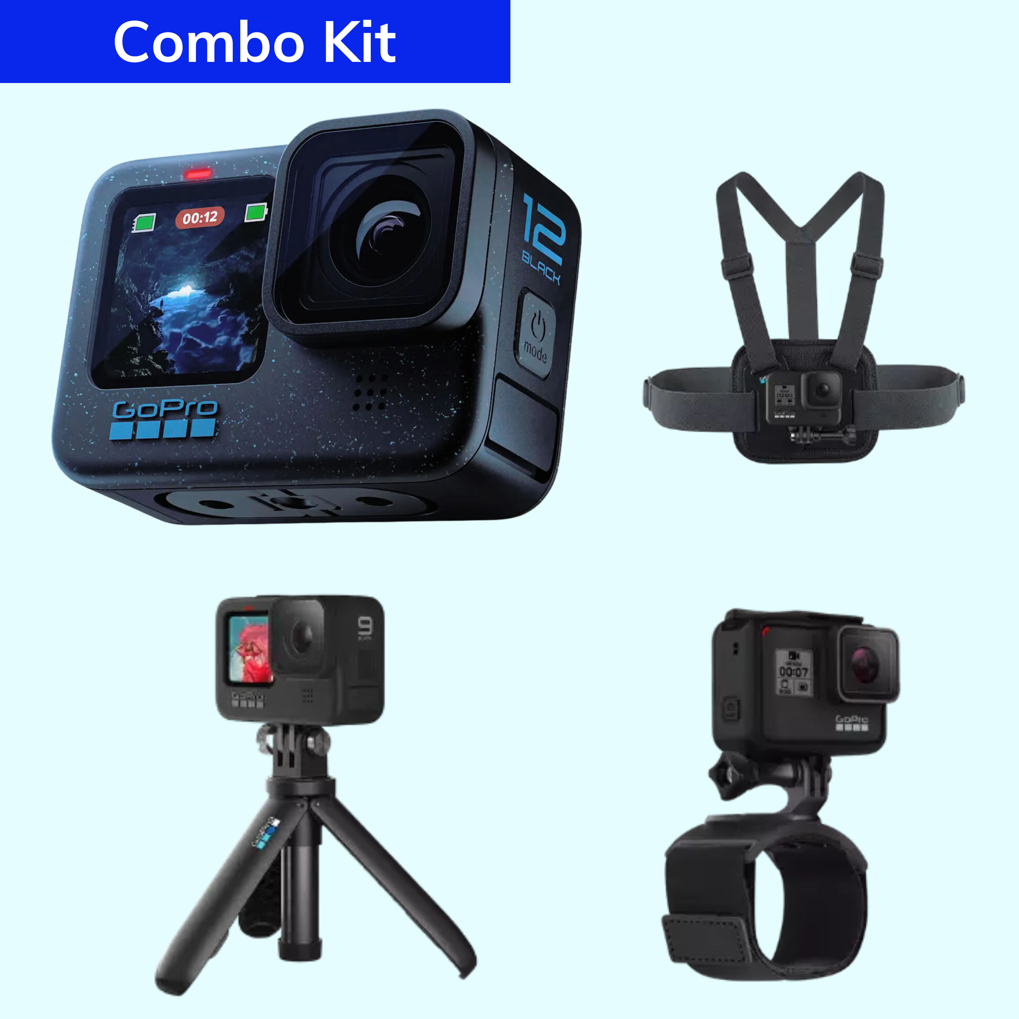 This is an image of GoPro Hero 12 Mountain Combo on rent offerred by SharePal.in