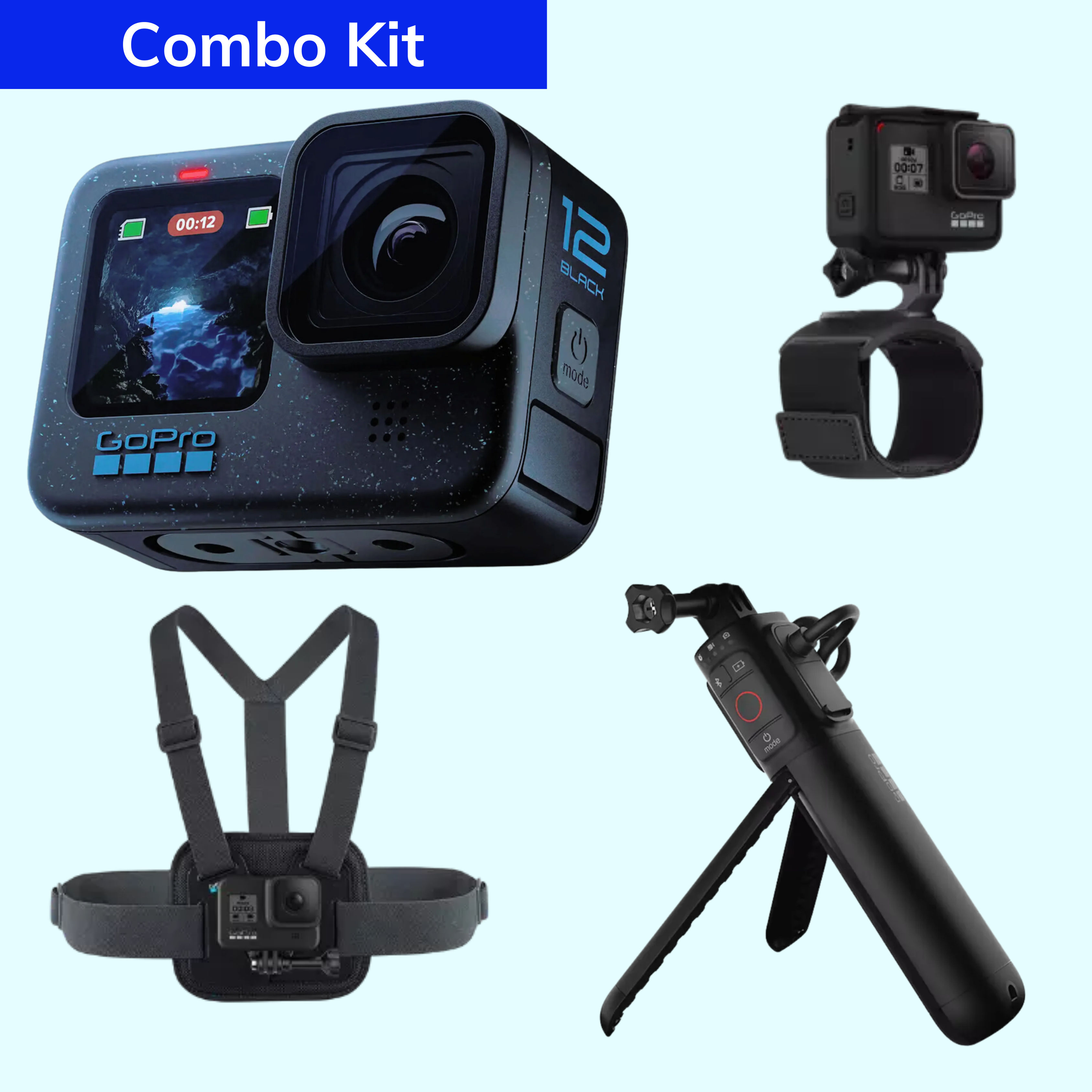 This is an image of GoPro Hero 12 Travel Combo on rent offerred by SharePal.in