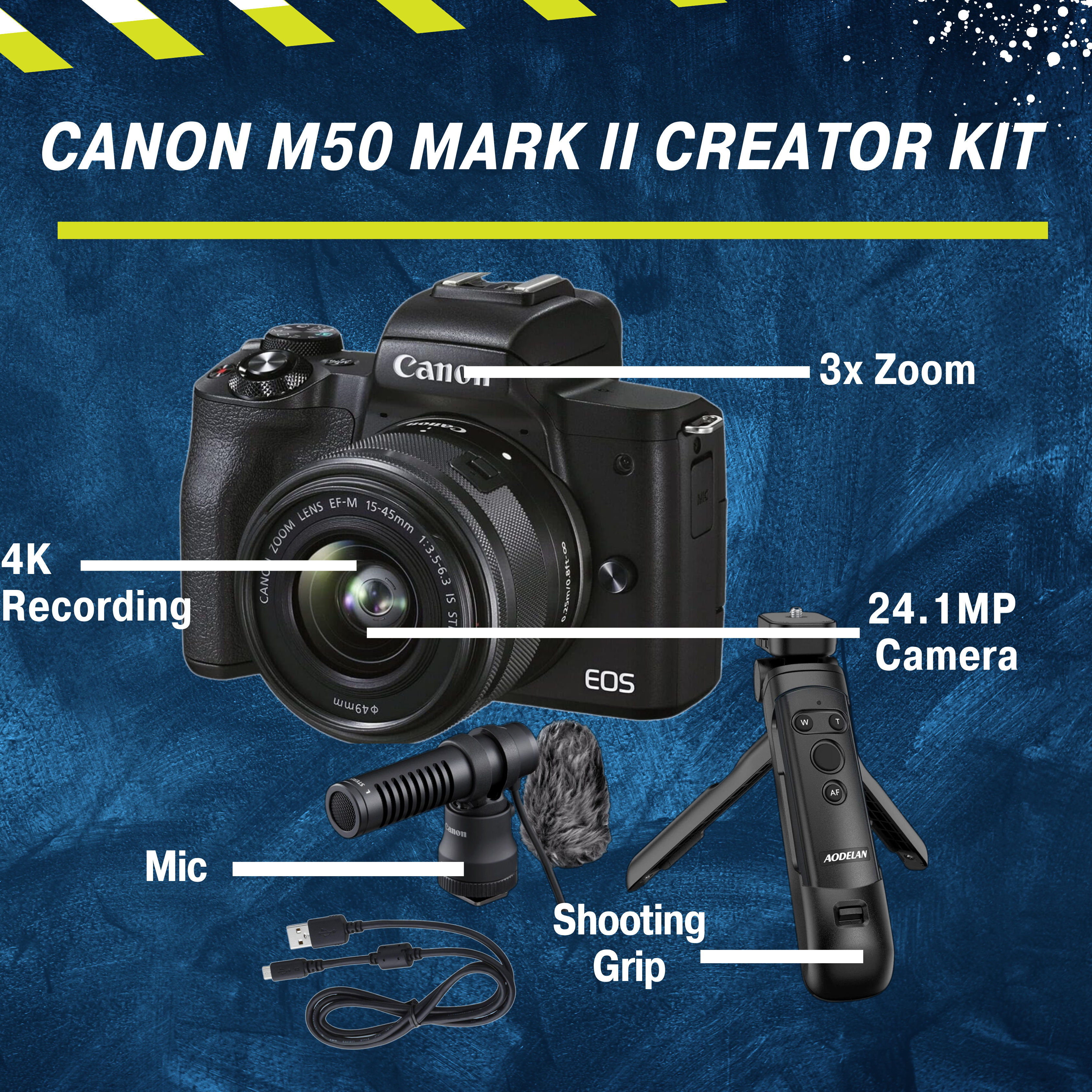 These are product images of Canon M50 Mark II with Creator Kit on rent by SharePal.