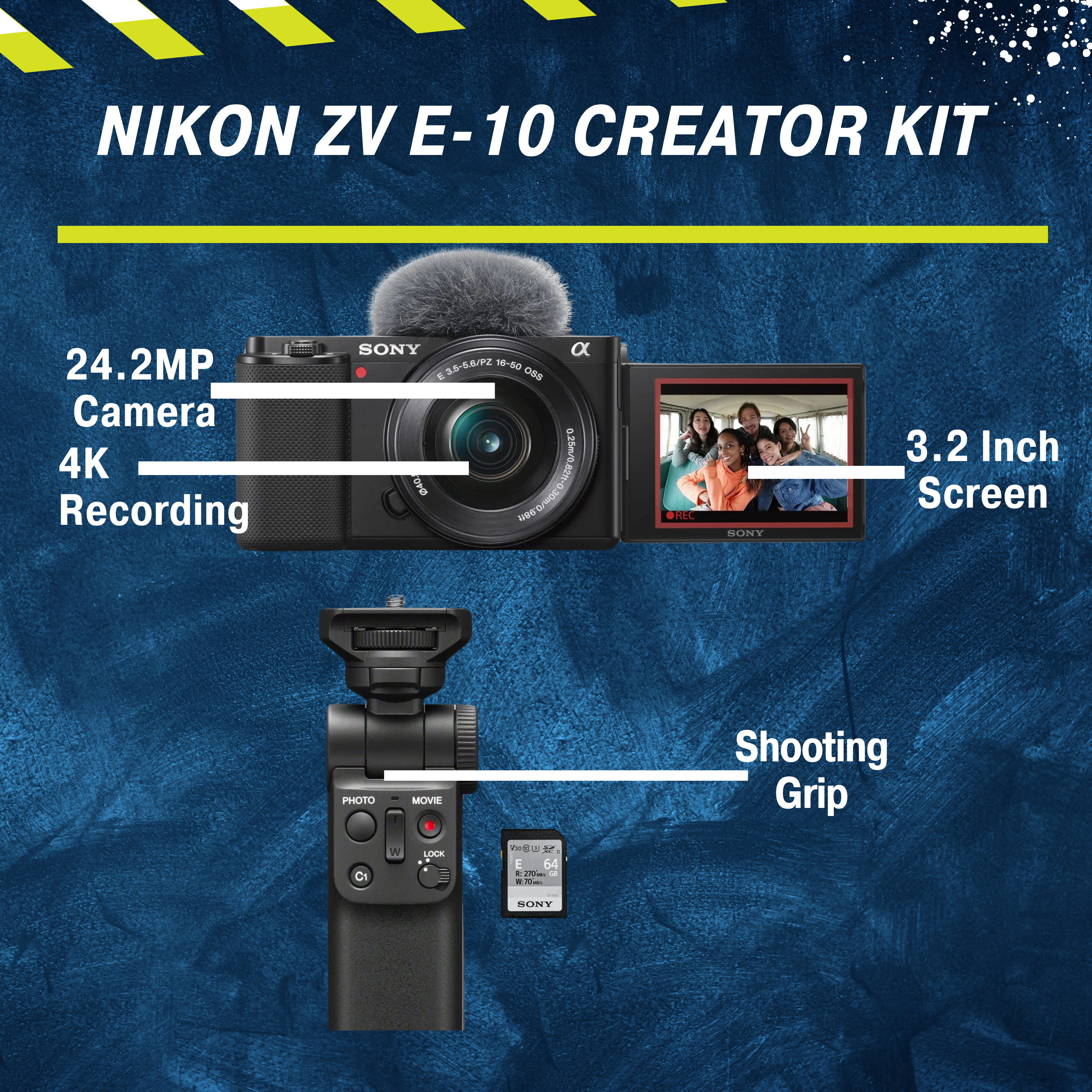 These are product images of Sony ZVE10 Vlogging Camera Creator Kit on rent by SharePal.