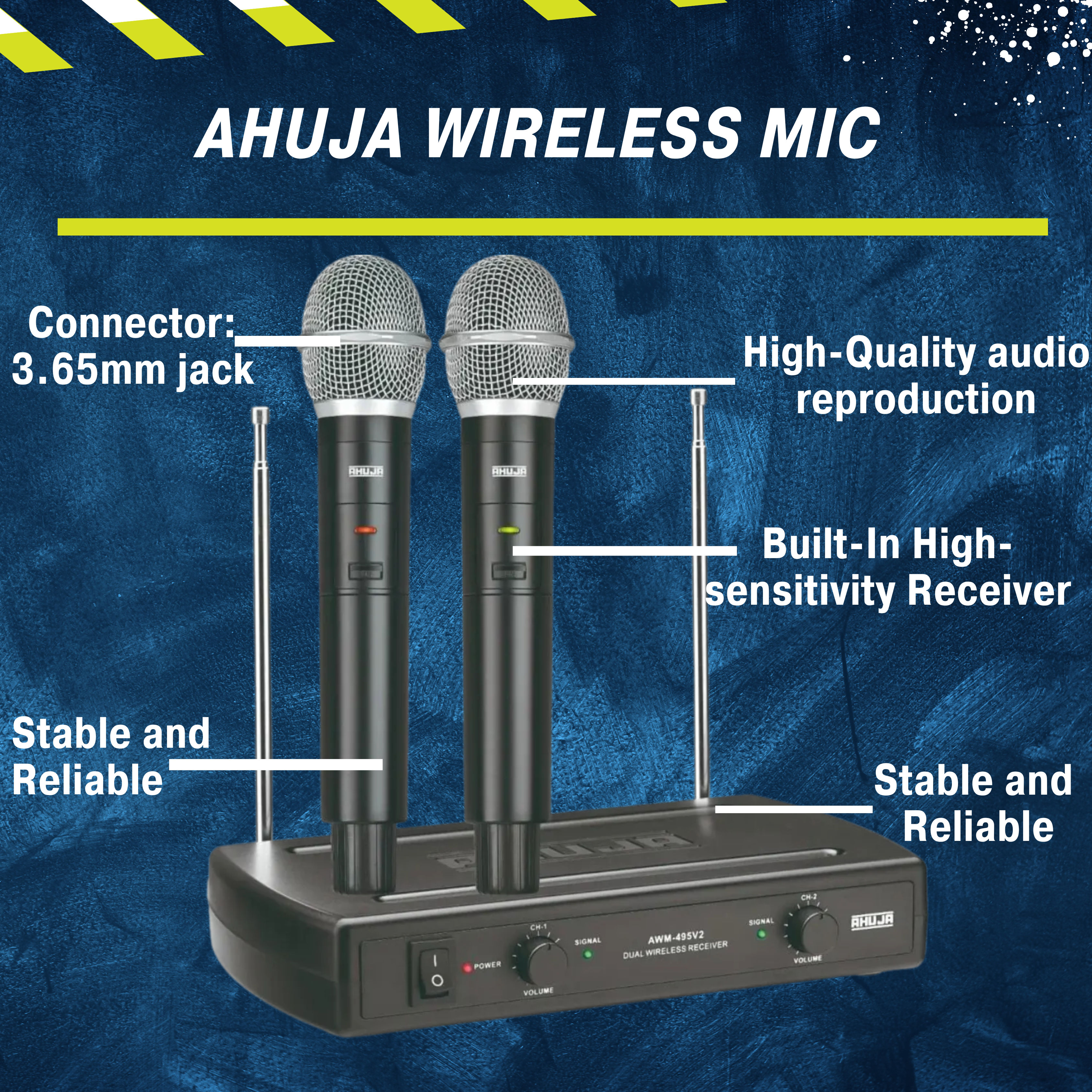 This is an image of Ahuja Dual Hand Wireless Microphone AWM-495V2  on rent offered by SharePal.in