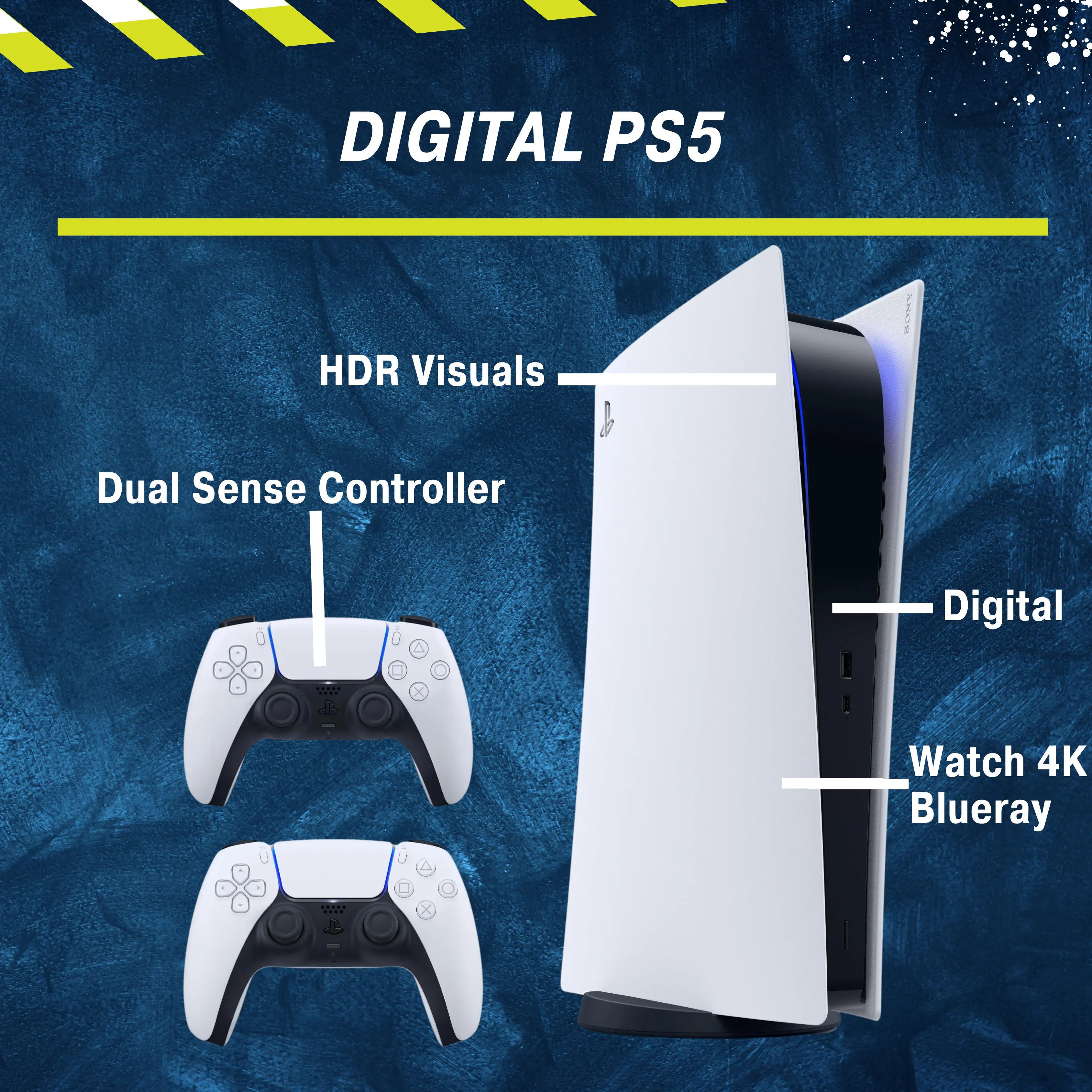 These are product images of Rent PS5 Console(Digital) w/2 Controllers by SharePal.