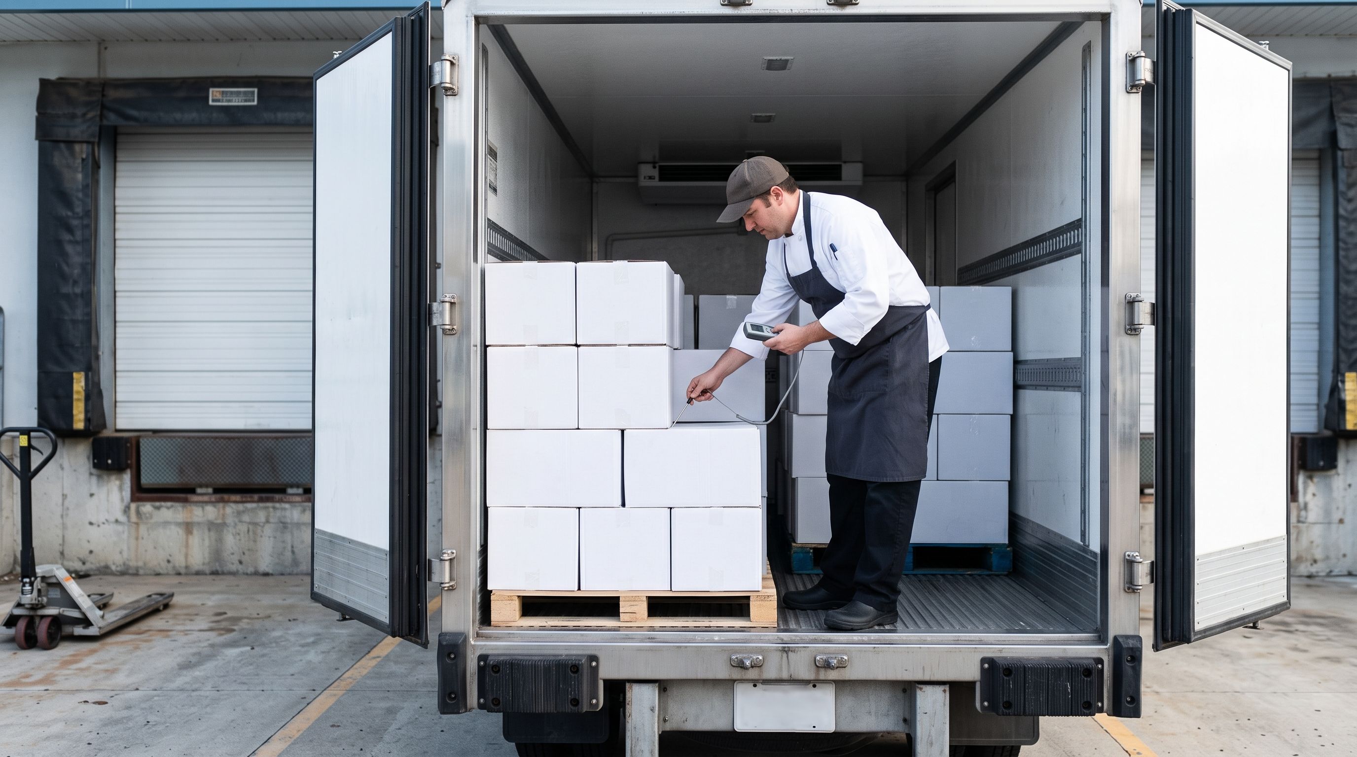 Chef checking frozen seafood cartons inside a refrigerated delivery truck