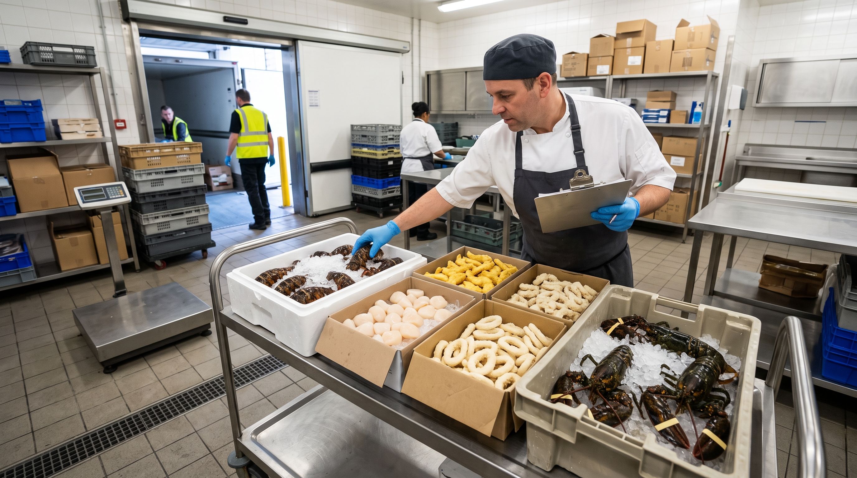 Chef inspecting seafood in a professional kitchen