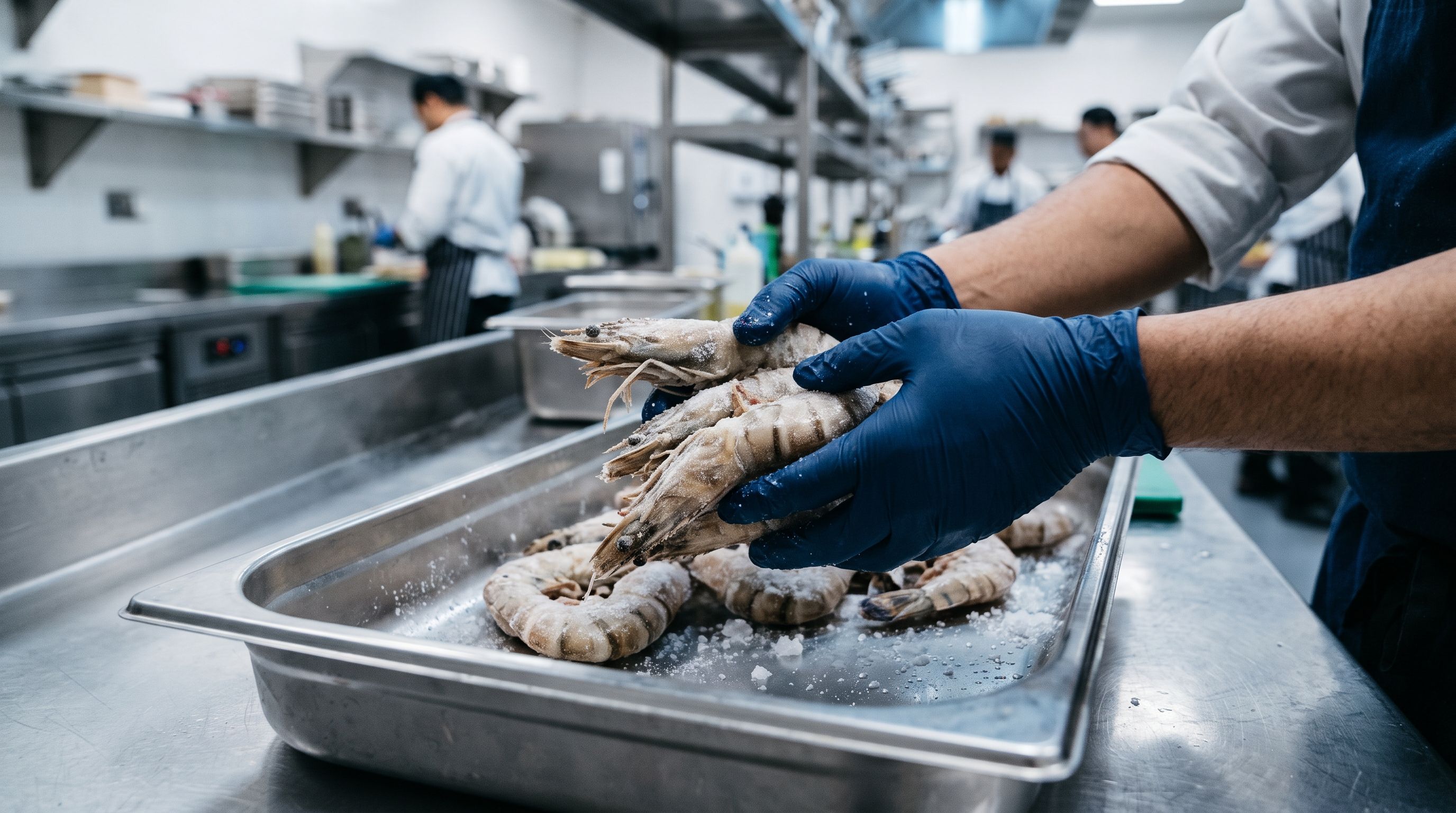 Chef lifting individually quick frozen tiger prawns in a professional kitchen