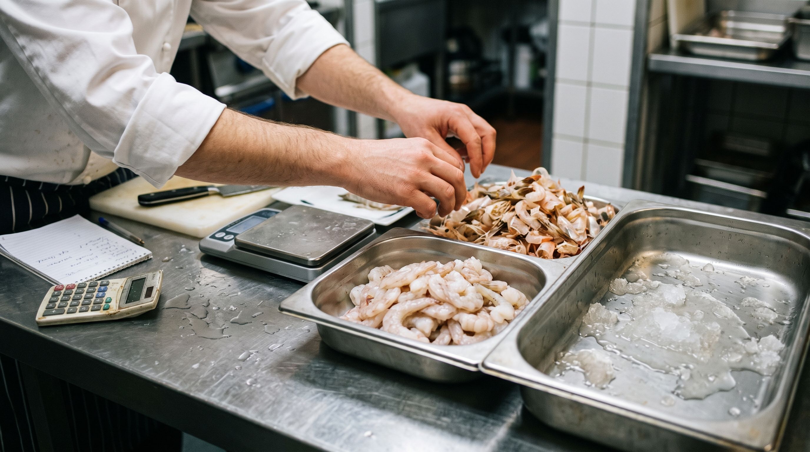 Chef prepping prawns at a kitchen bench during a trial order