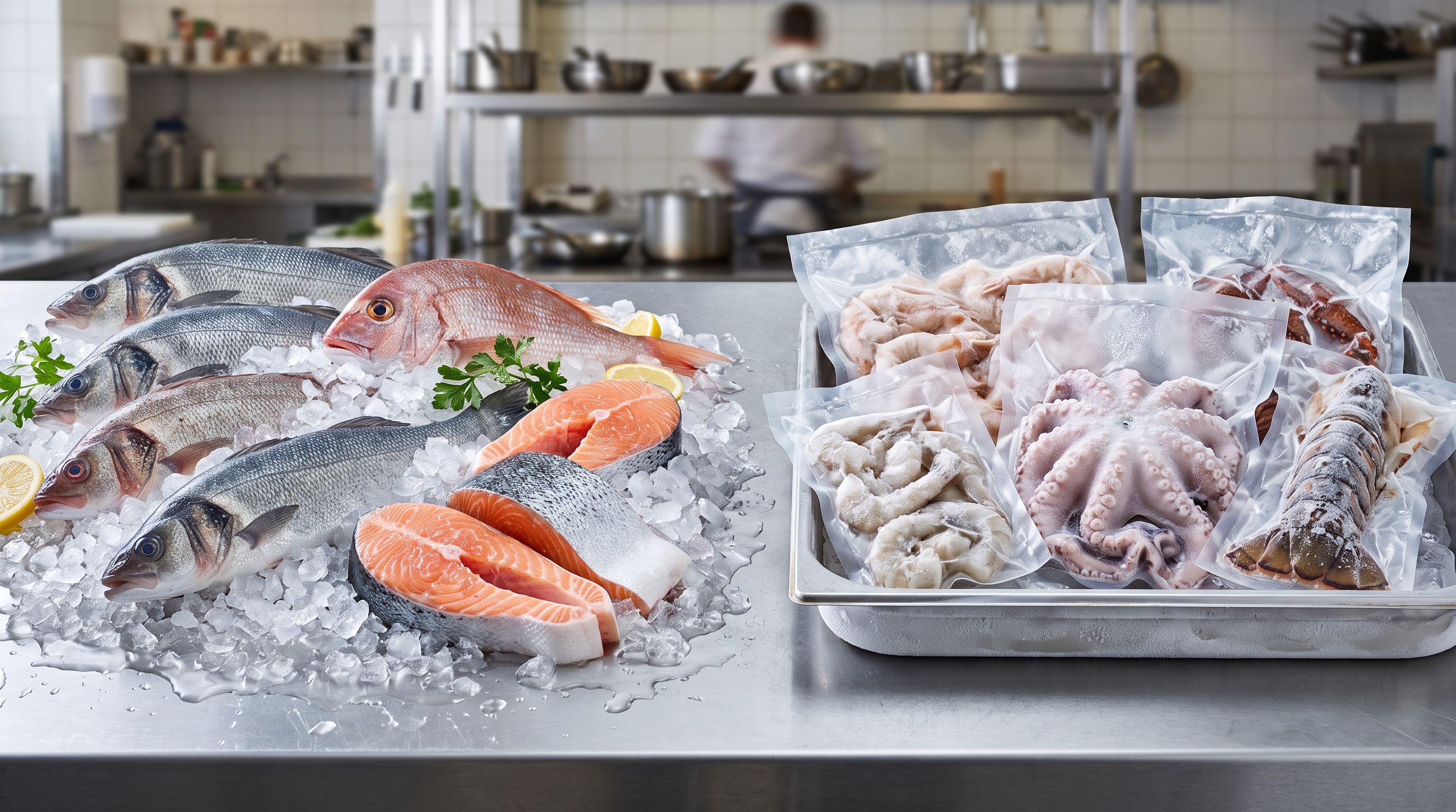Fresh fish displayed beside frozen seafood