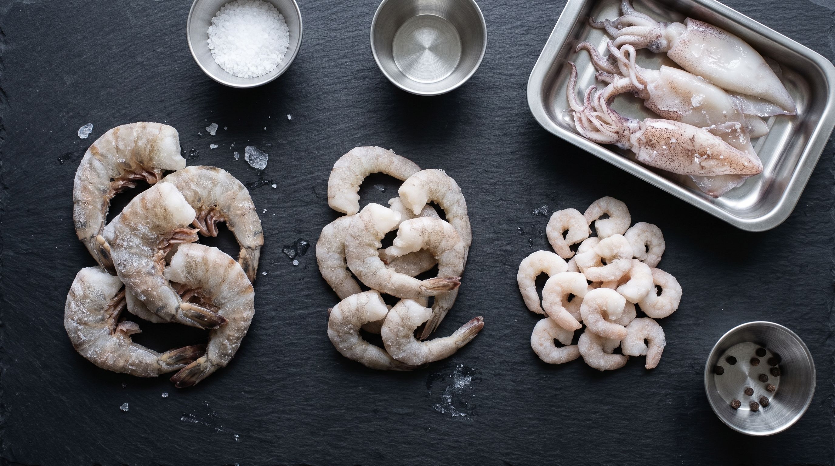 Graded frozen tiger prawns and glazed squid