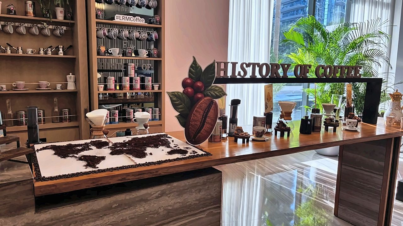 World map made from ground coffee and coffee beans at the History of Coffee display