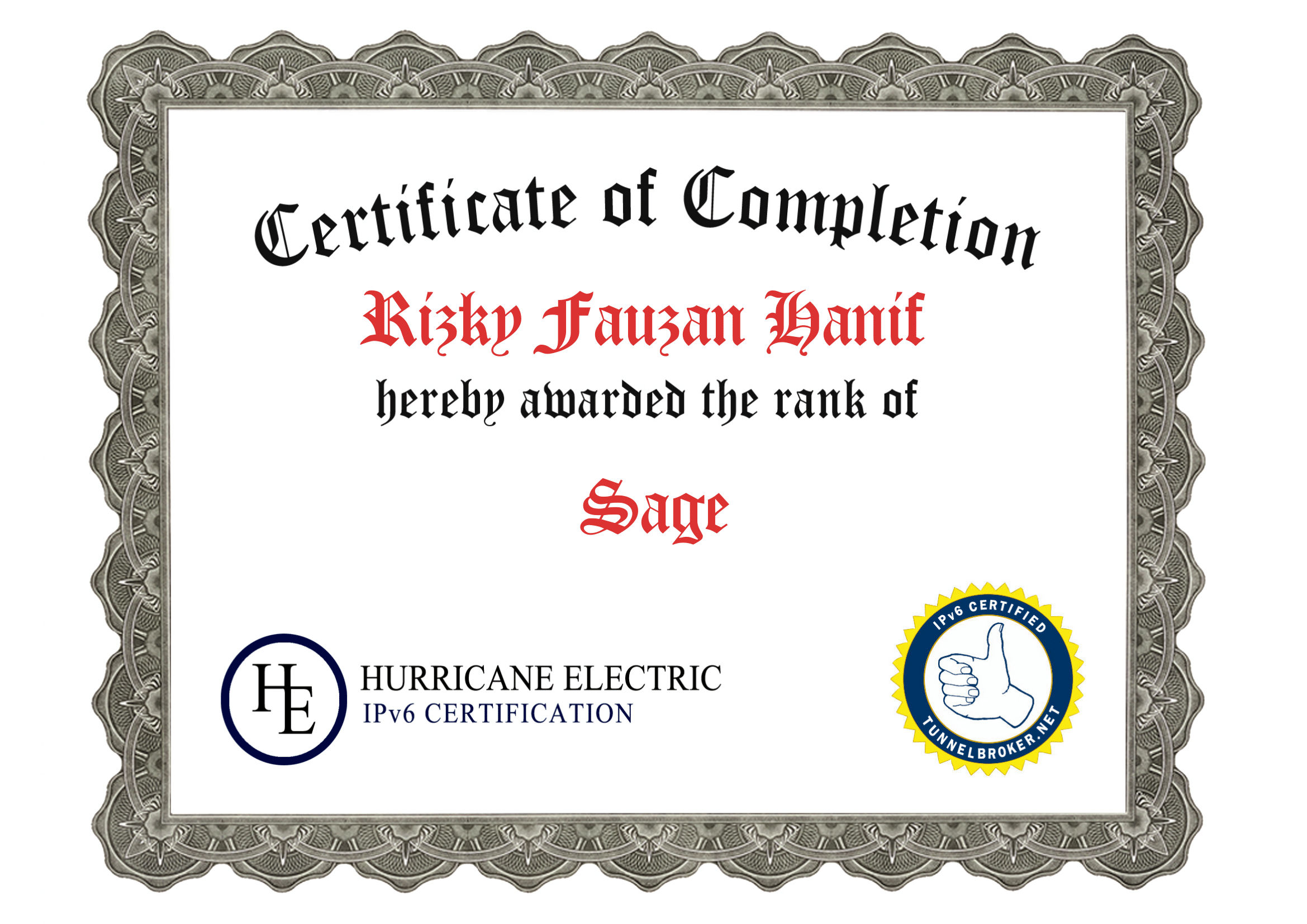 IPv6 Sage by Hurricane Electric - Certificate or achievement image