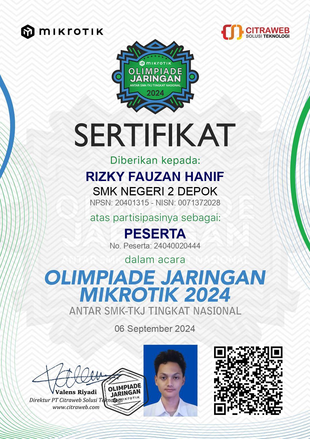 Juara 1 Olimpiade Jaringan MikroTik 2024 - Certificate or achievement image