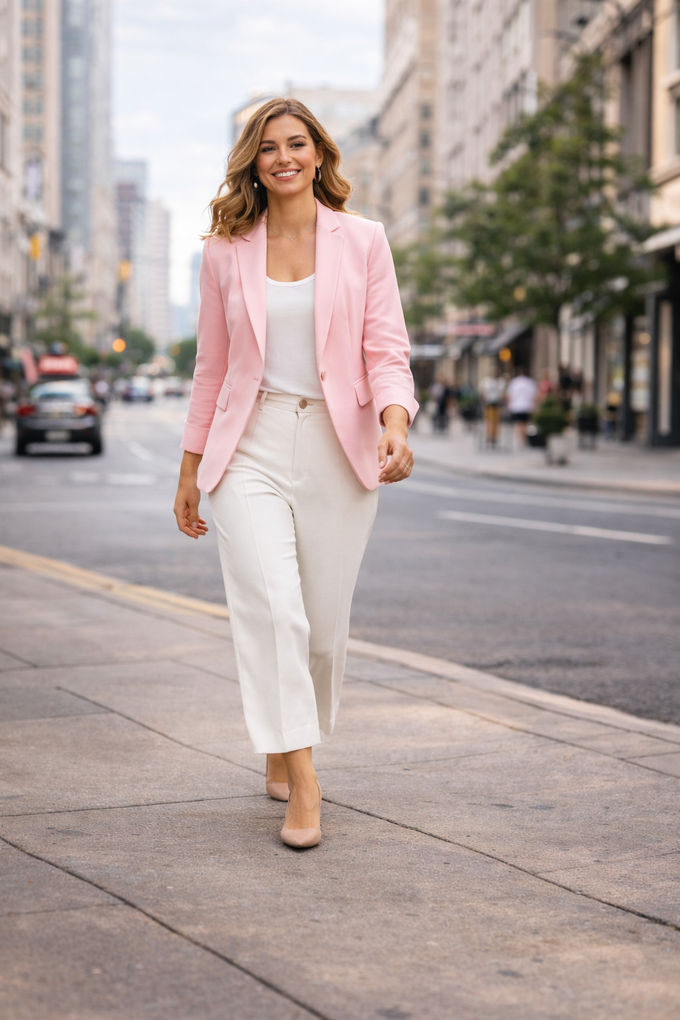 Woman walking confidently in a pastel pink blazer and white trousers with loafers, spring flowers in background.