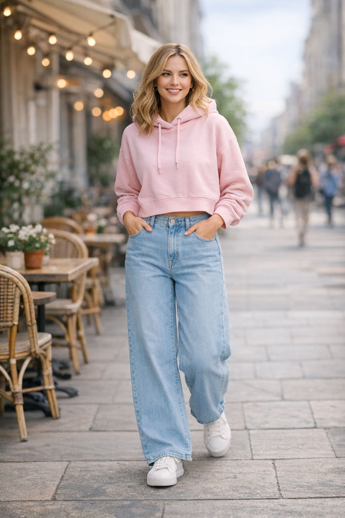 Casual street style shot with a woman in a lilac hoodie, wide-leg jeans, and white sneakers.