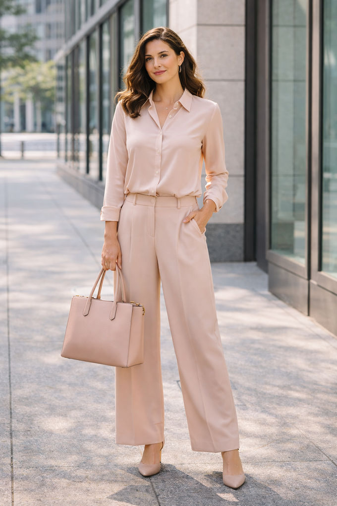 Monochrome spring outfit with a pastel blush button-down and wide-leg trousers, standing confidently near office building.