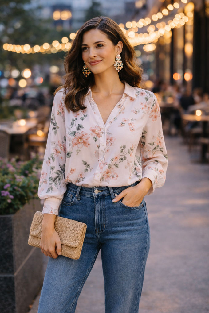 Casual spring evening outfit with blouse tucked into high-waist jeans, accessorized with bold earrings and a clutch.