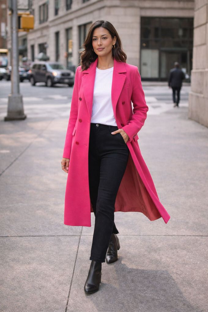 Vibrant pink long coat styled with a white t-shirt and black jeans — bold outerwear way to wear pink.
