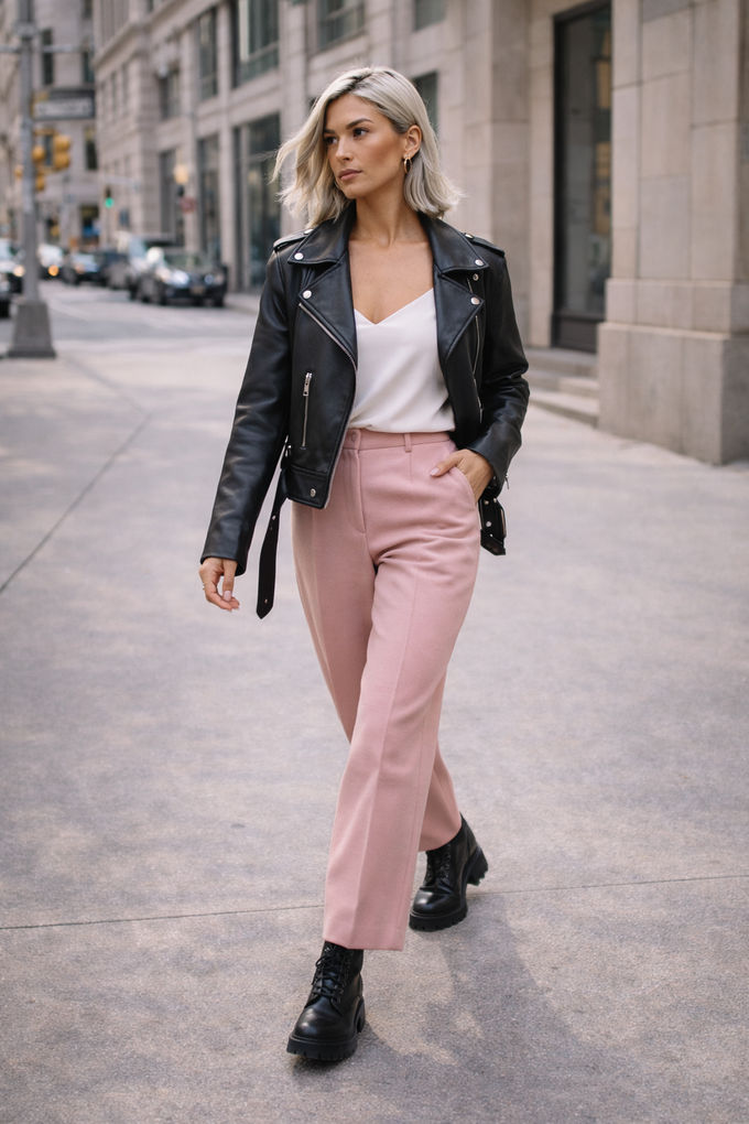 Pastel pink tailored pants with a white top and black leather jacket — edgy and modern way to wear pink.