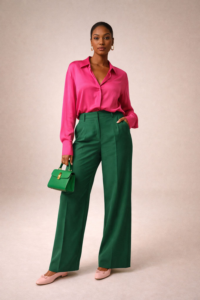 Street-style outfit featuring a hot pink blouse paired with emerald green trousers — vibrant color-blocking way to wear pink.