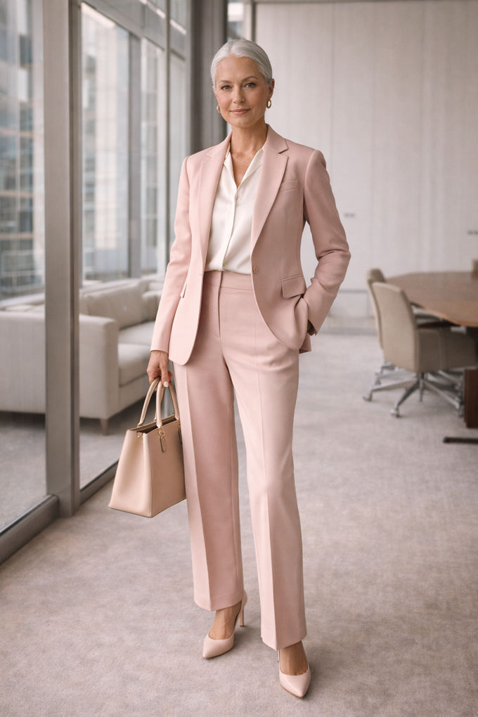 Elegant pink blazer and trousers worn with a white blouse and nude pumps — business-appropriate pink outfit idea.