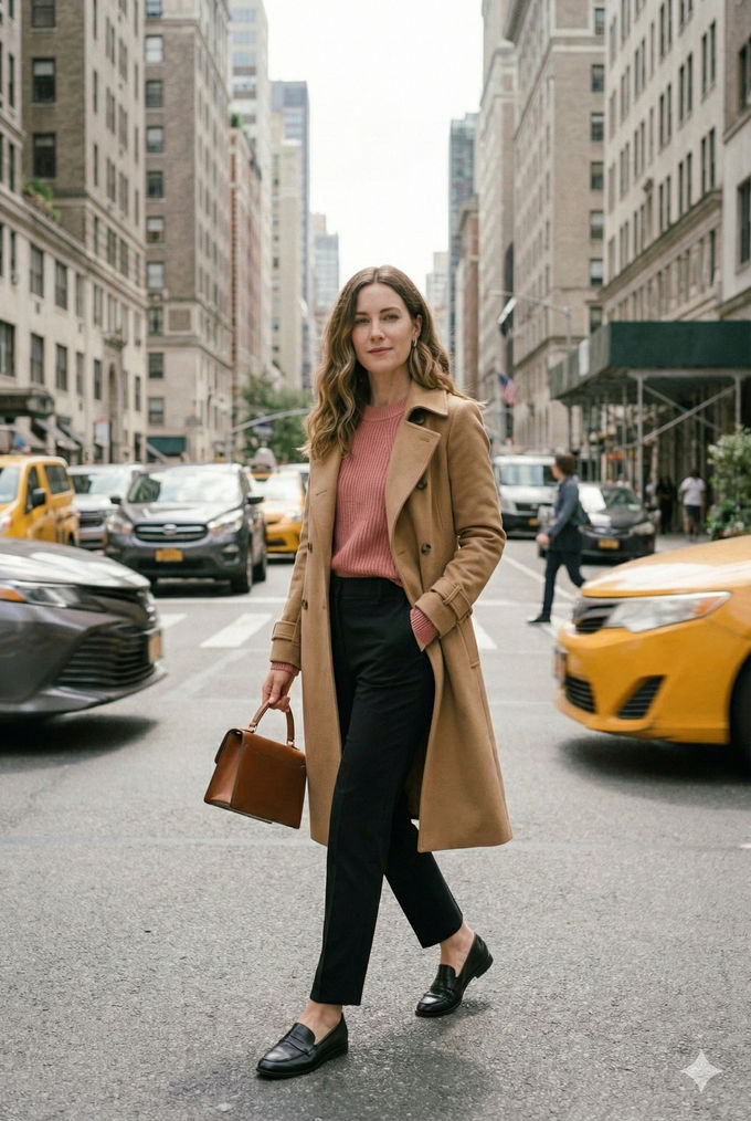 Rose pink turtleneck layered under a camel trench coat with black trousers — subtle way to wear pink in fall fashion.