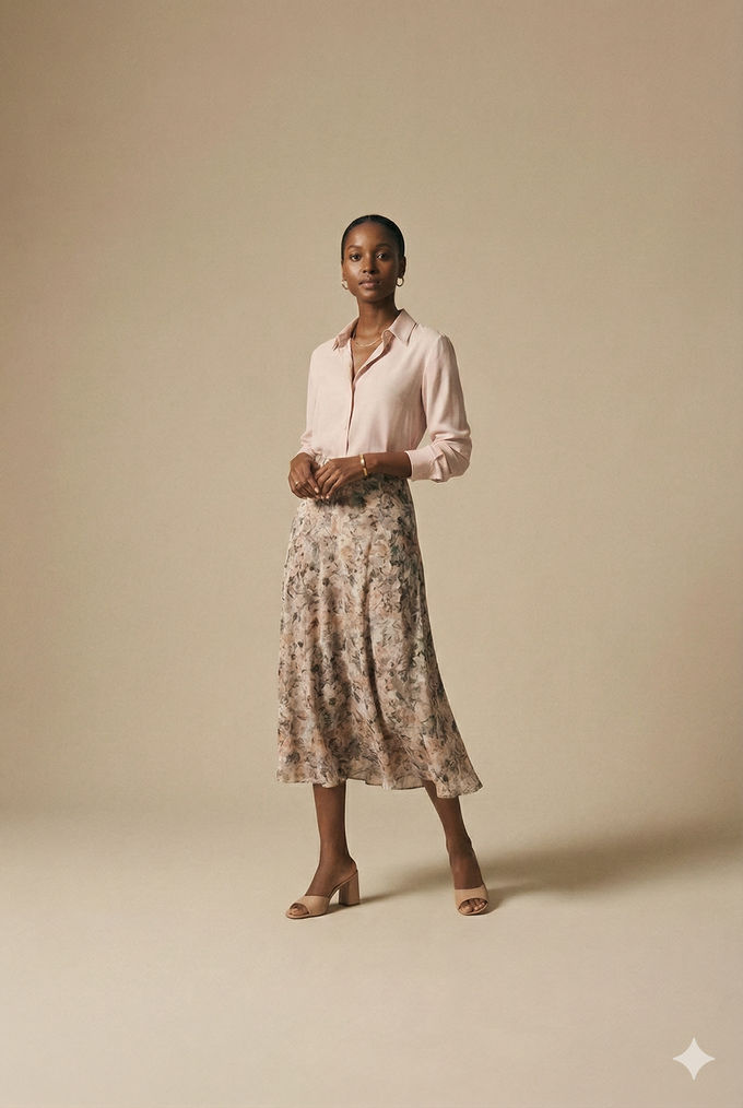Light pink shirt paired with a floral print midi skirt — creative way to wear pink with mixed patterns.
