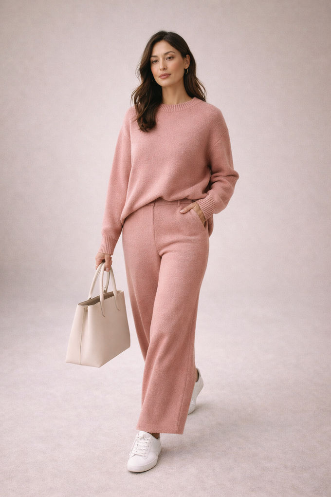 Dusty pink knit sweater and matching pants with white sneakers — comfortable yet chic way to wear pink in cold weather.