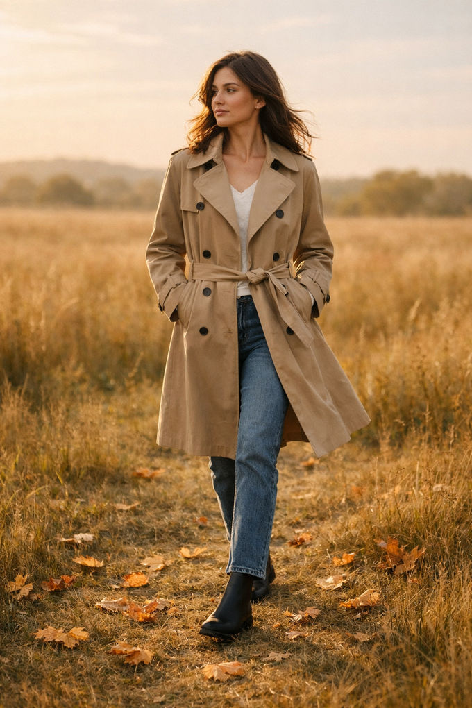Woman walking down outdoor in a beige trench coat, straight-leg jeans, and black ankle boots, fall leaves around, chic and casual style.