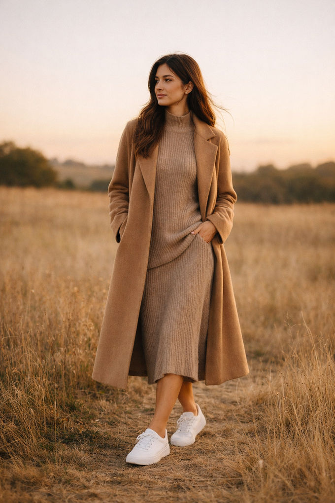 Comfortable yet chic: woman in a ribbed knit dress under a camel-colored long coat, paired with white sneakers, fall leaves on the ground.