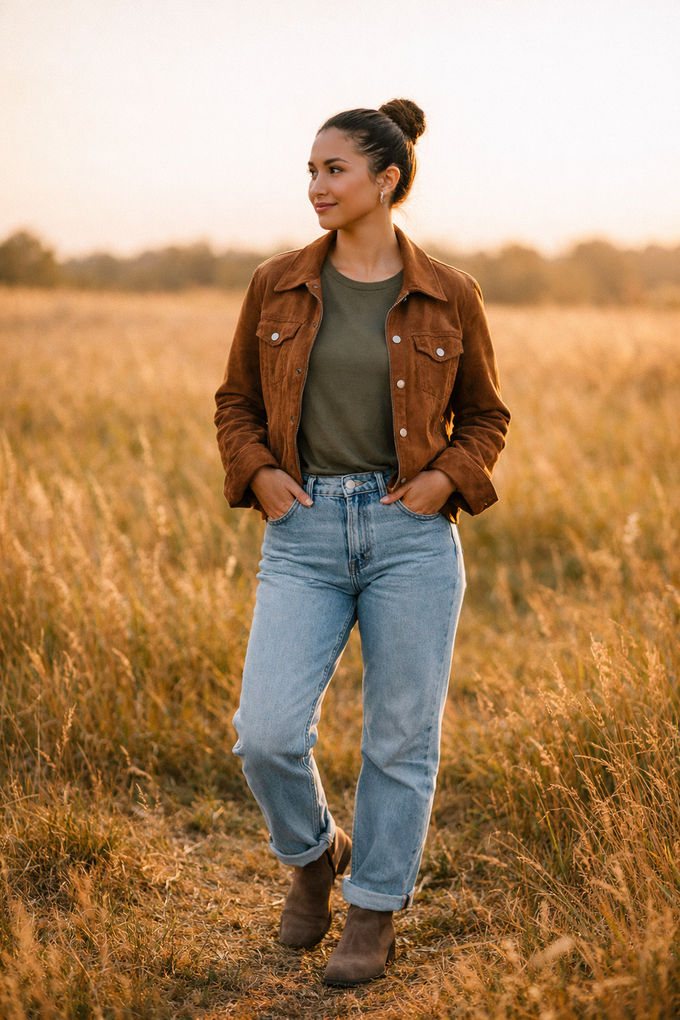 Stylish woman in a brown suede jacket layered over an olive green tee, light-wash jeans, ankle boots, rustic fall outdoor setting.