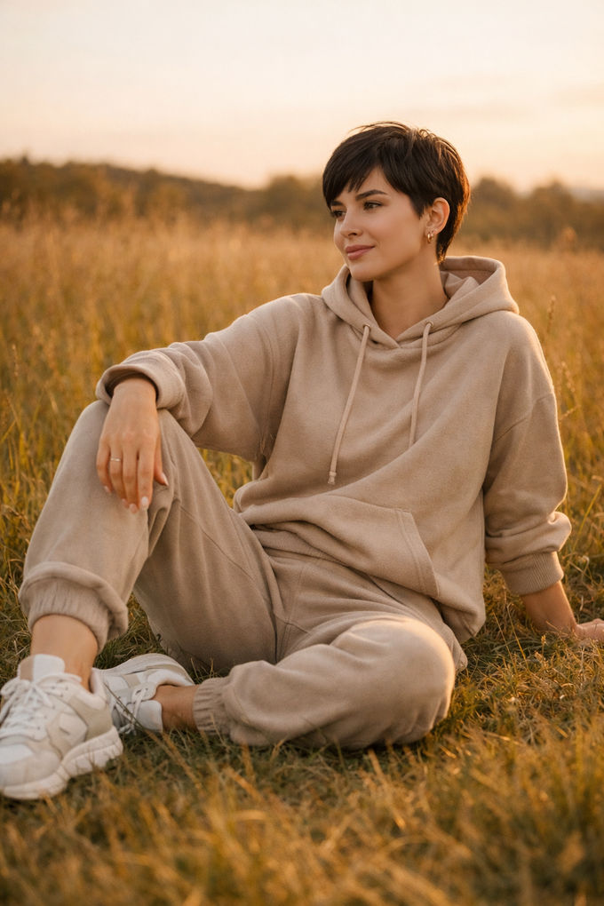 Elevated athleisure: woman lounging outside a café in a matching hoodie and joggers set with clean, trendy sneakers, cozy autumn vibe.