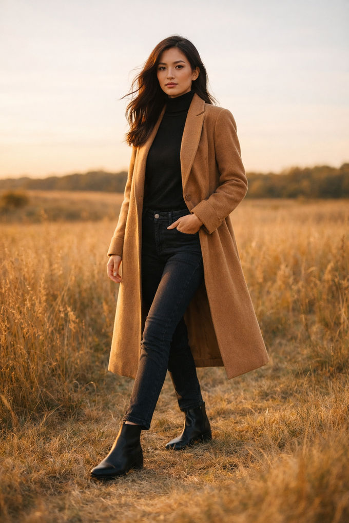 Elegant city style: woman in a structured camel coat over a black turtleneck and dark skinny jeans, wearing heeled boots, rural backdrop.