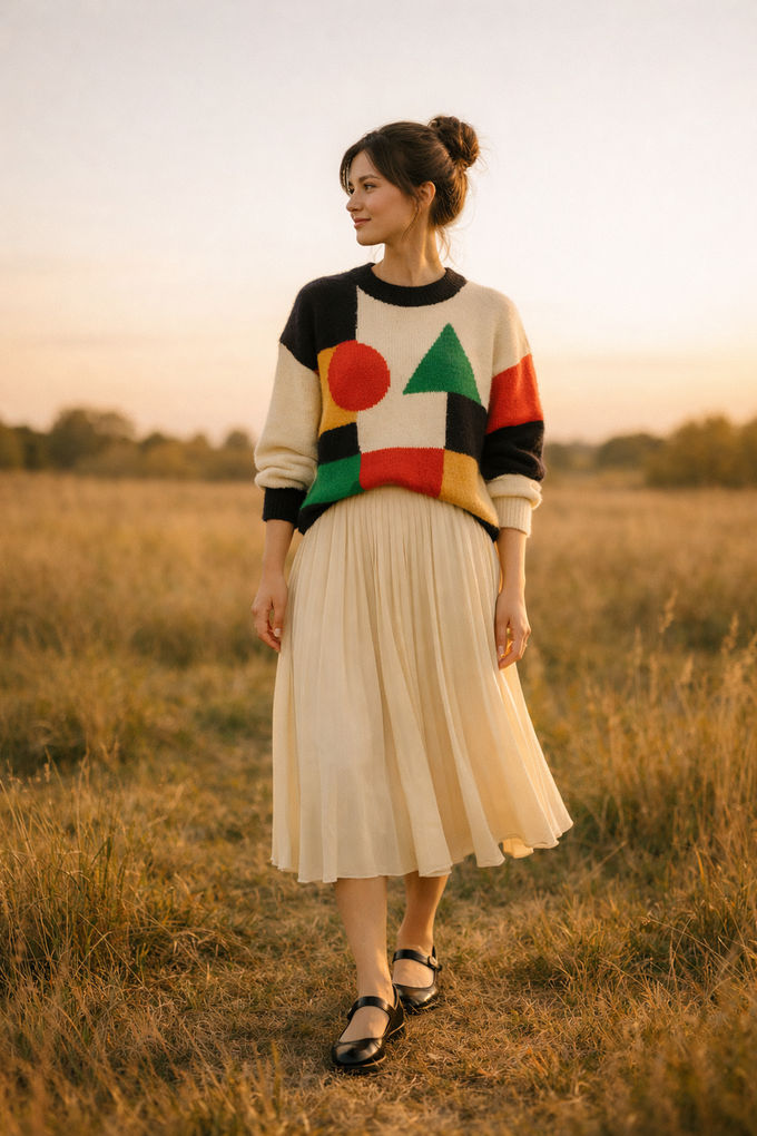 Creative and cute look: woman in a bold graphic sweater with a soft pleated midi skirt and classic Mary Jane shoes, fall street-style aesthetic.