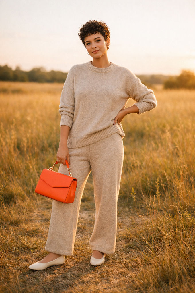 Minimalist fall fashion: woman wearing a cozy matching knit set (top and bottoms) in beige or taupe, with a bright statement bag and flats, soft fall lighting.