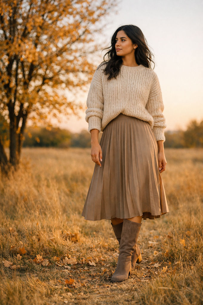 Stylish woman in a chunky knit sweater tucked into a pleated midi skirt, wearing suede knee-high boots, standing near autumn trees in golden light.