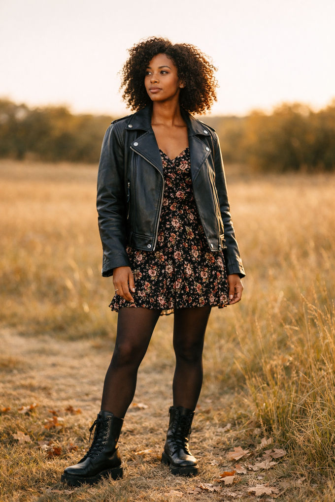 Edgy fall outfit: woman in a black leather jacket layered over a floral mini dress with black tights and combat boots, urban backdrop.