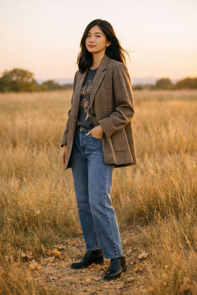 Trendy street style look: woman in an oversized plaid blazer, vintage graphic tee, straight blue jeans, and loafers, standing in front of a brick wall.