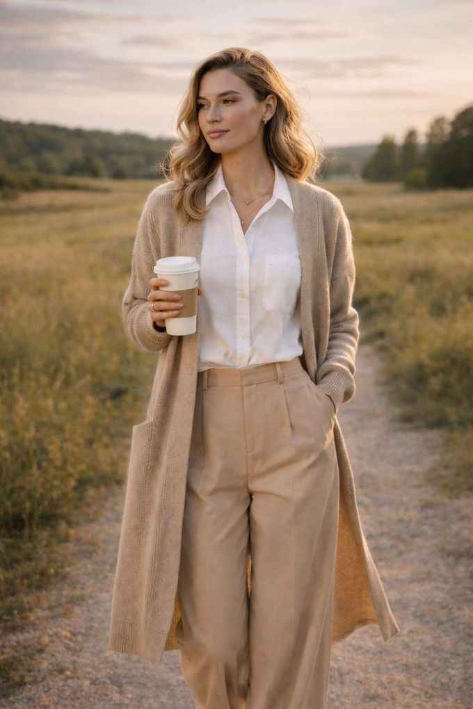 Warm-toned outfit for fall: woman in a long cardigan over a white button-down shirt and beige wide-leg pants, holding a coffee, city park background.