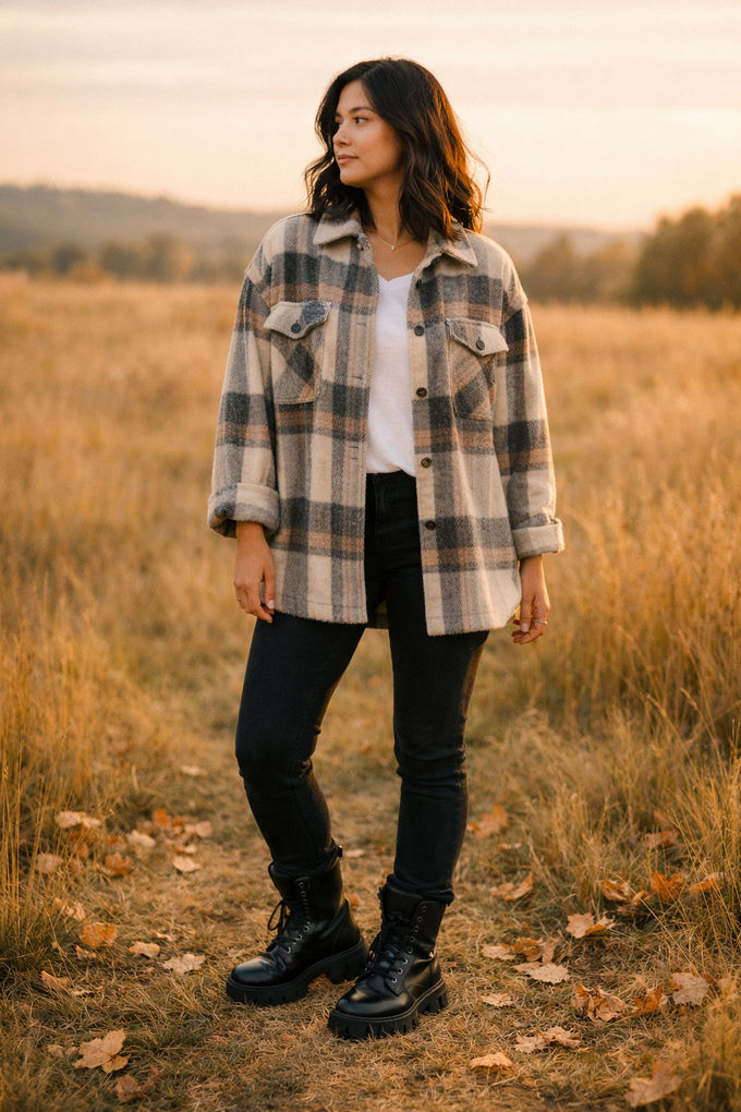Casual autumn look: woman wearing a plaid shacket over a white tee, black leggings, and chunky black boots, on a leaf-covered trail.
