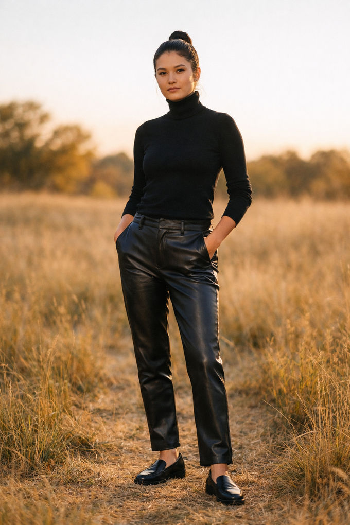 Sophisticated urban fall style: woman wearing a fitted turtleneck with black leather pants and loafers, minimal backdrop, confident pose.