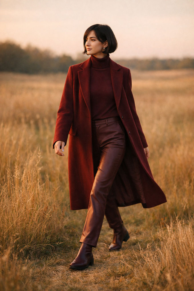 Fashion-forward outfit: woman dressed head-to-toe in burgundy — coat, turtleneck, pants, and boots — walking through a fall scene.