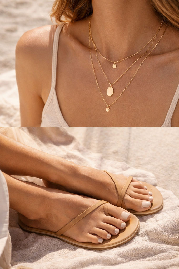 Neutral flat sandals and gold layered necklaces on sun-kissed skin