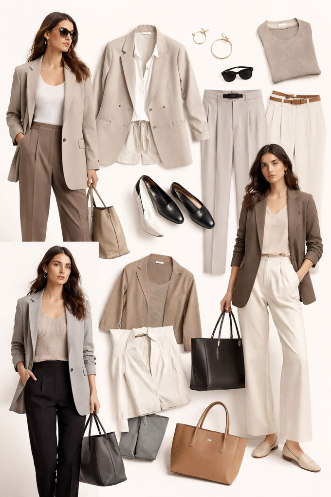 Modern business casual outfit collage featuring a neutral blazer, tailored trousers, and minimalist work accessories