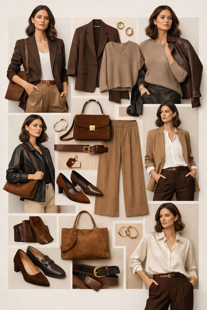 Business casual styling collage in warm brown tones with tailored pants, leather accessories, and relaxed layers