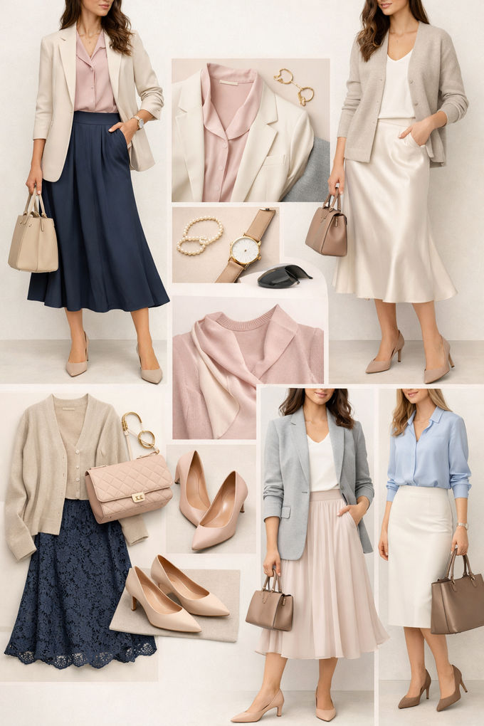 Feminine business casual outfit collage with midi skirts, lightweight blazers, and elegant office styling