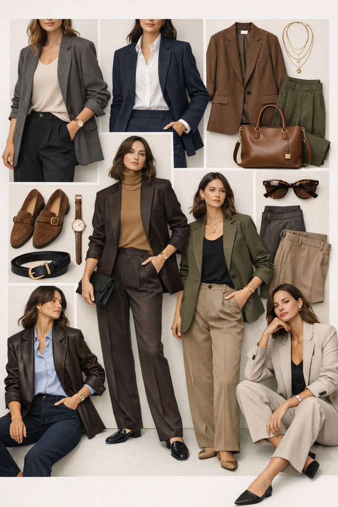 Contemporary business casual outfit collage featuring modern suiting with knit tops and layered pieces