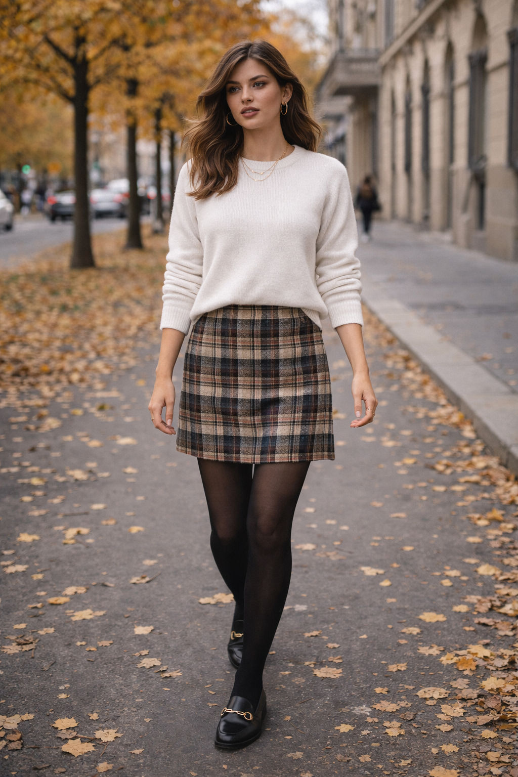 White sweater paired with a plaid skirt and tights.