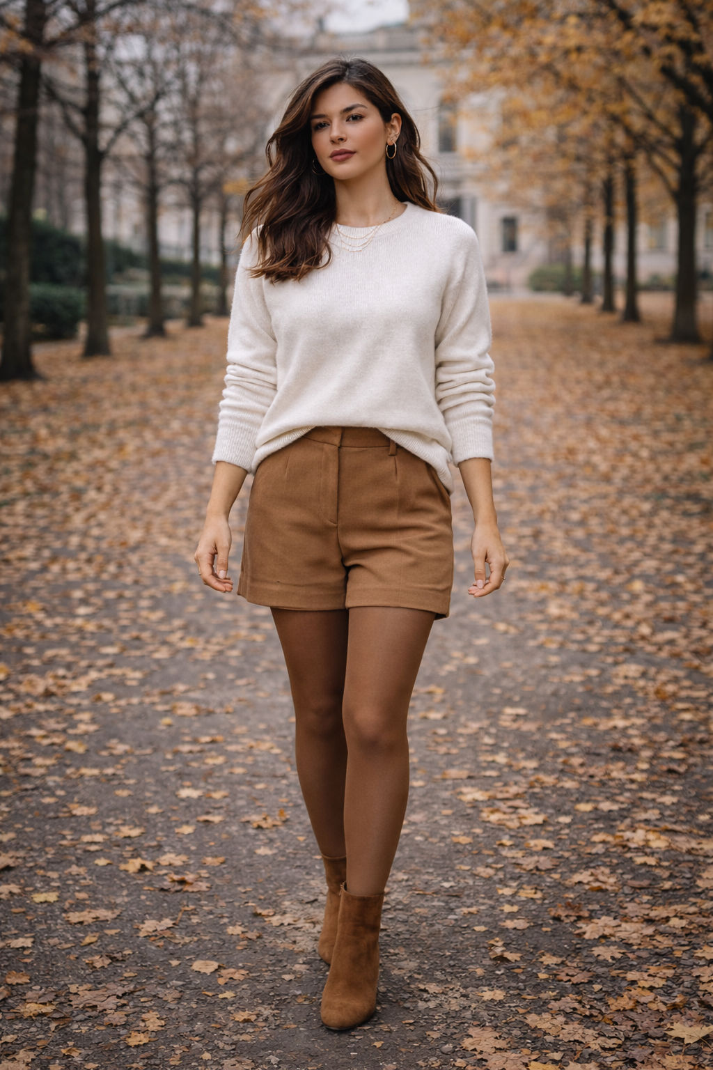 White sweater styled with tailored shorts, tights, and boots.