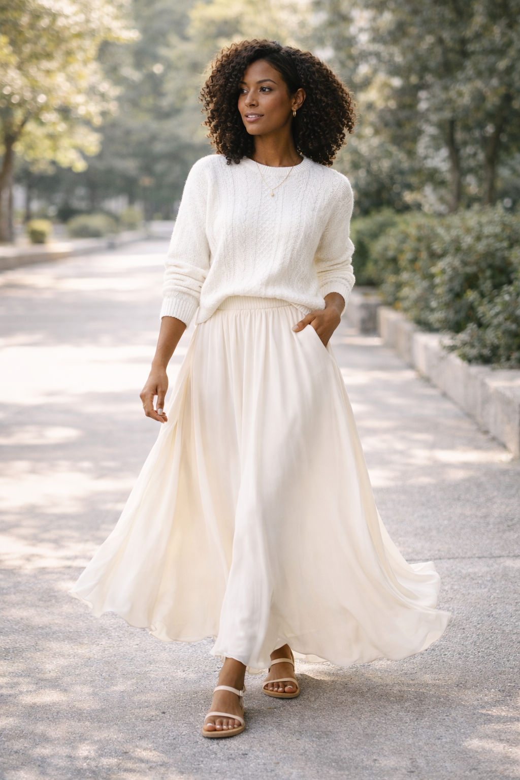 White sweater paired with a flowing maxi skirt and sandals.