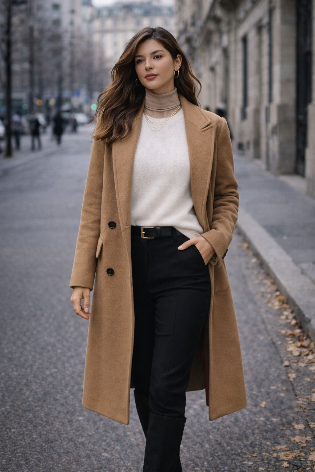White sweater layered over a turtleneck with a long coat.