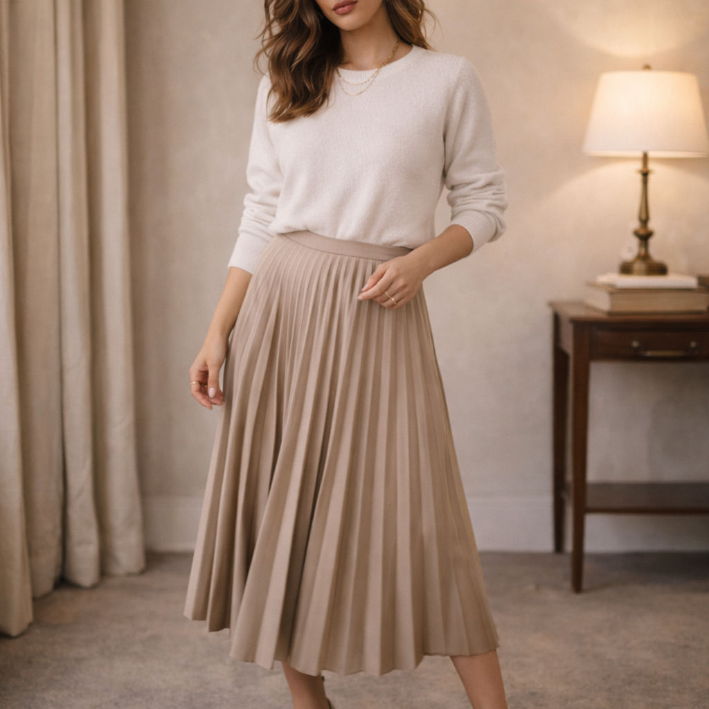 White sweater paired with a flowing pleated midi skirt and heels.